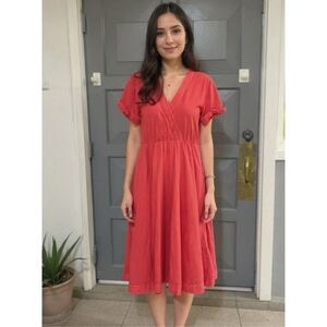 Xirena Sugar Poppy 100% Cotton Short Sleeve V Neck Flowing Skirt MIDI Dress Sz X